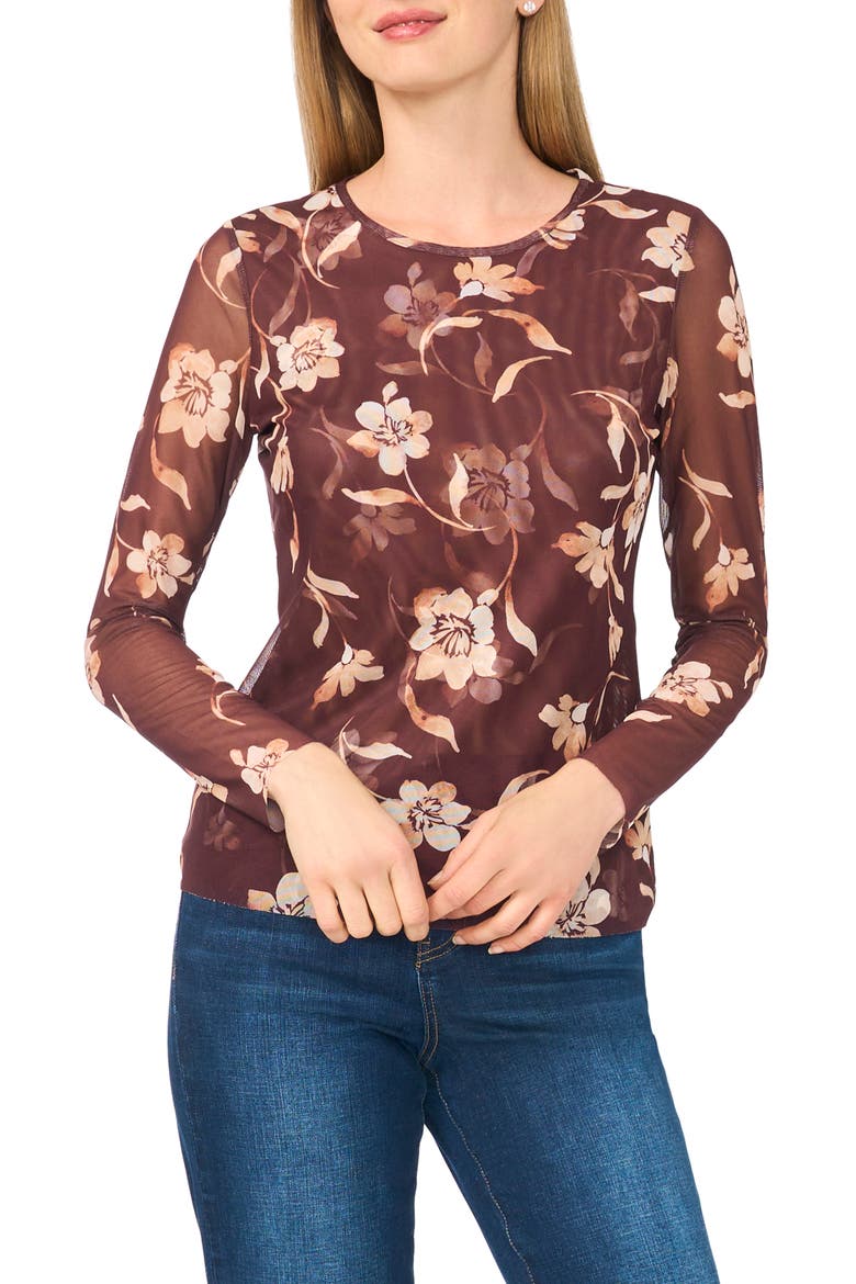 Floral Print Long Sleeve Mesh Top, Main, color, PUCE