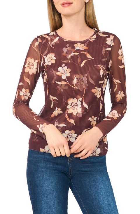 Floral Print Long Sleeve Mesh Top