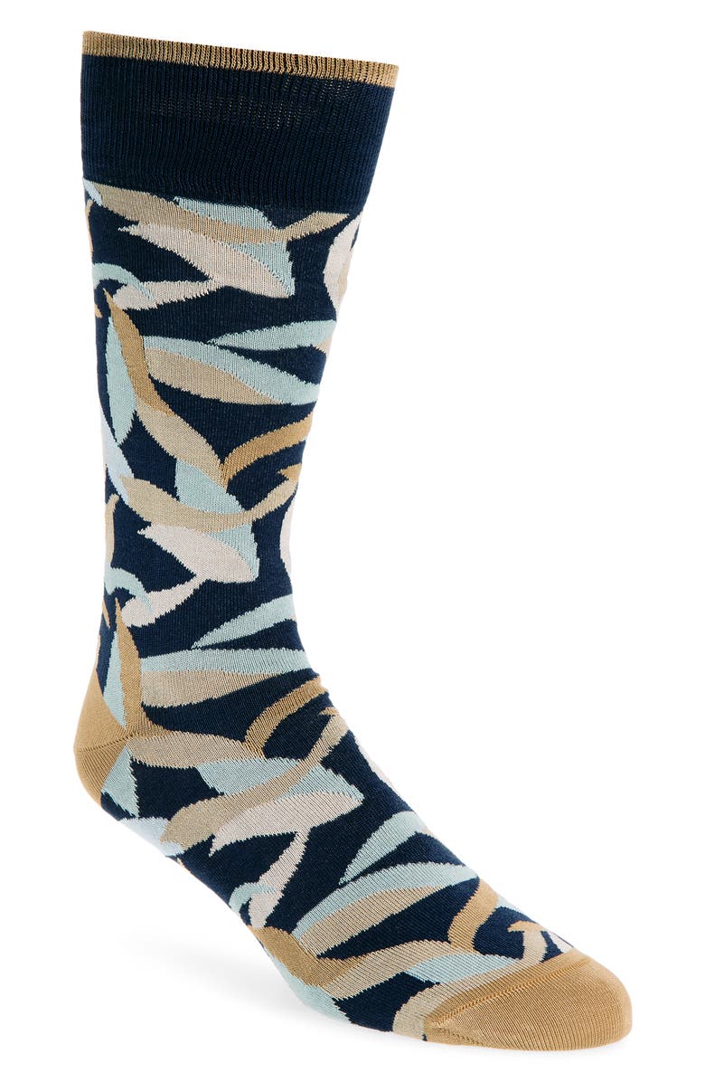 Bugatchi Leaf Print Mercerized Cotton Blend Dress Socks, Main, color, Navy