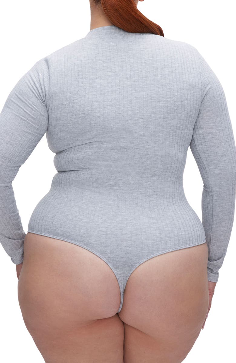 Good American Ribbed Long Sleeve Henley Bodysuit, Alternate, color, Heather Grey001