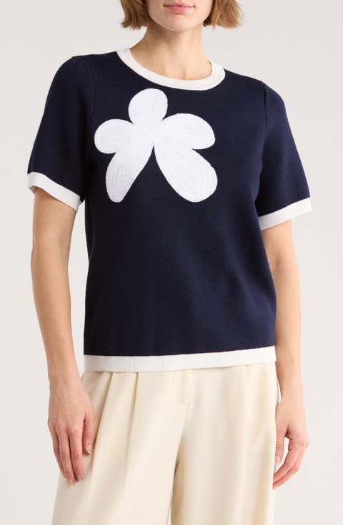 Flower Appliqué Short Sleeve Sweater