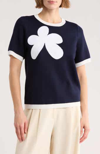 Adrianna Papell Flower Appliqué Short Sleeve Sweater