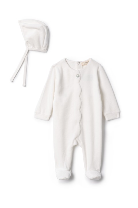 Girl Cotton Velour Scallop Romper with Bonnet (Baby)