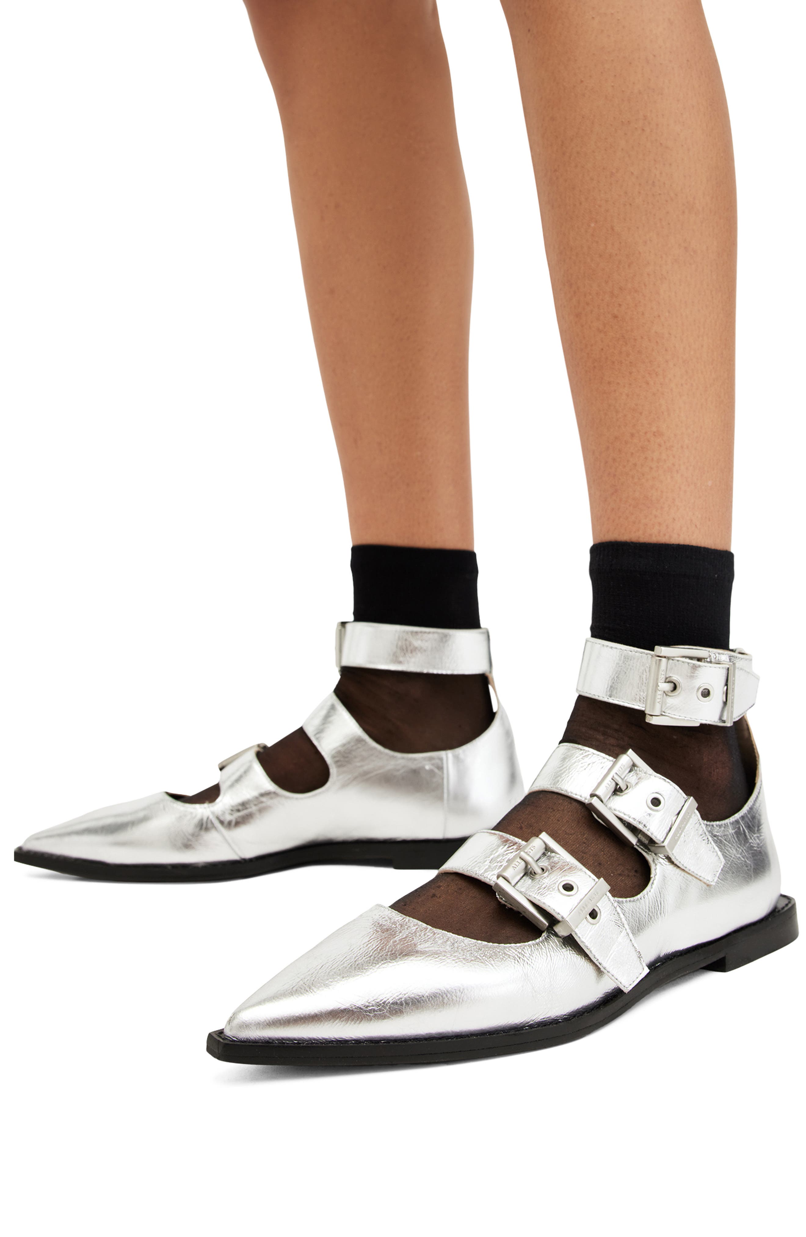 AllSaints Susan Pointed Toe Flat, Alternate, color, Silver