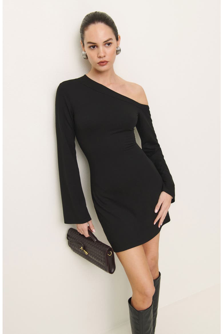 Willow Asymmetric Long Sleeve Minidress, Alternate, color, BLACK