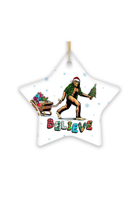 Sasquatch Believe Sleigh Ride Star Ceramic Ornament