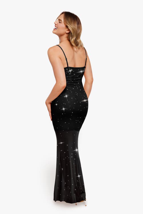 Popilush Shapewear Heat-set Crystal Mesh Slimming Maxi Slip Dress In Standard Black