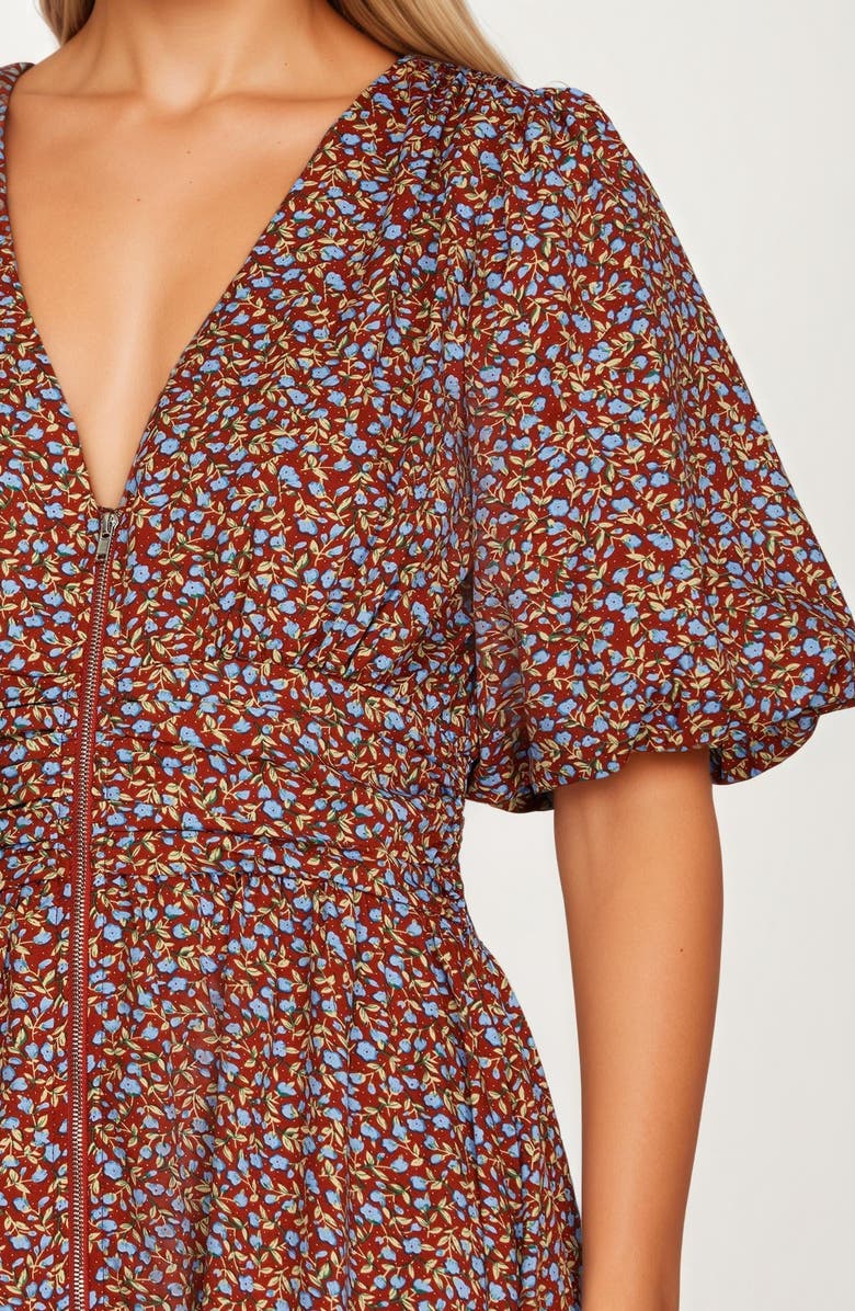 Knit and Lounge Floral Print Zip Front Midi Dress, Alternate, color, Brown / Rust Floral