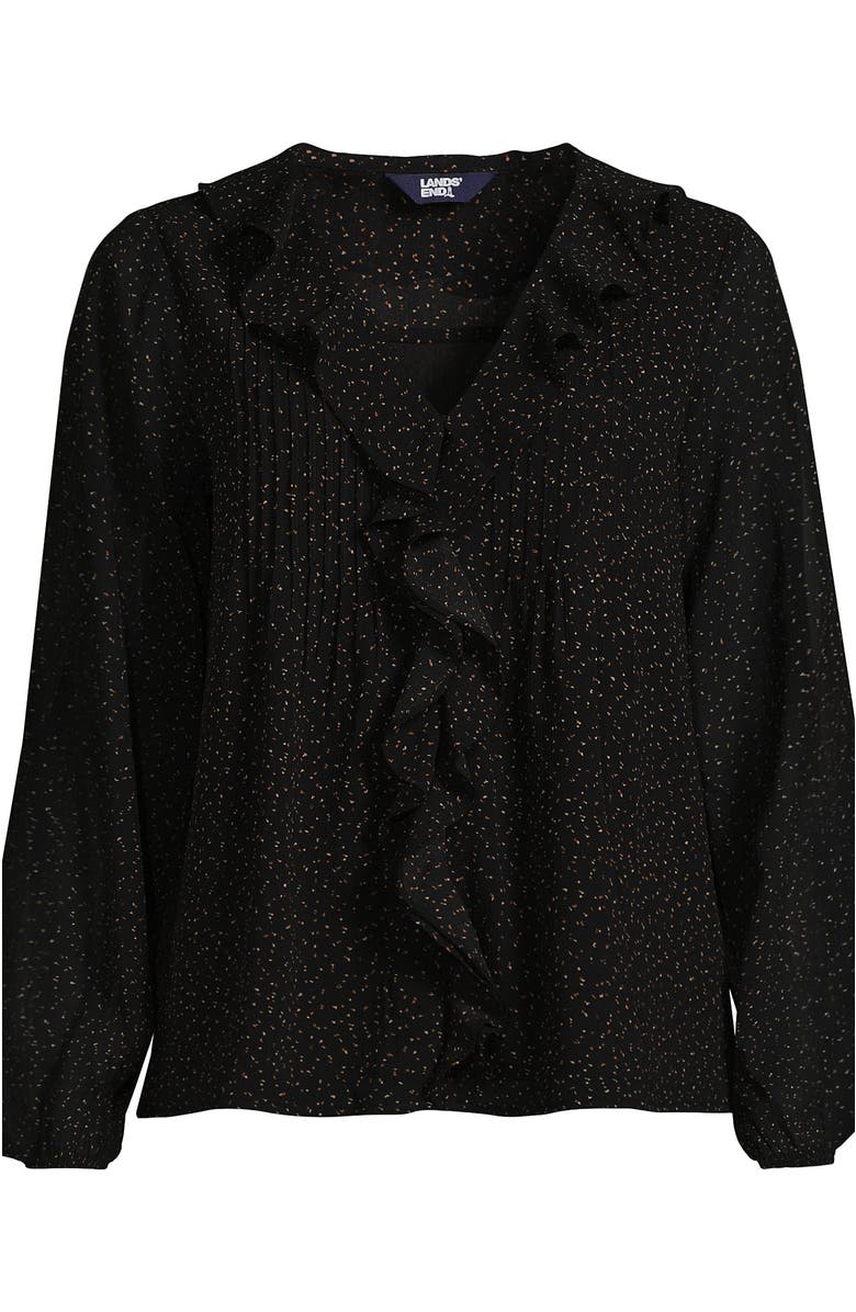 Lands' End Chiffon Ruffle Front Pleated Blouse, Alternate, color, Black Terrazzo Dot