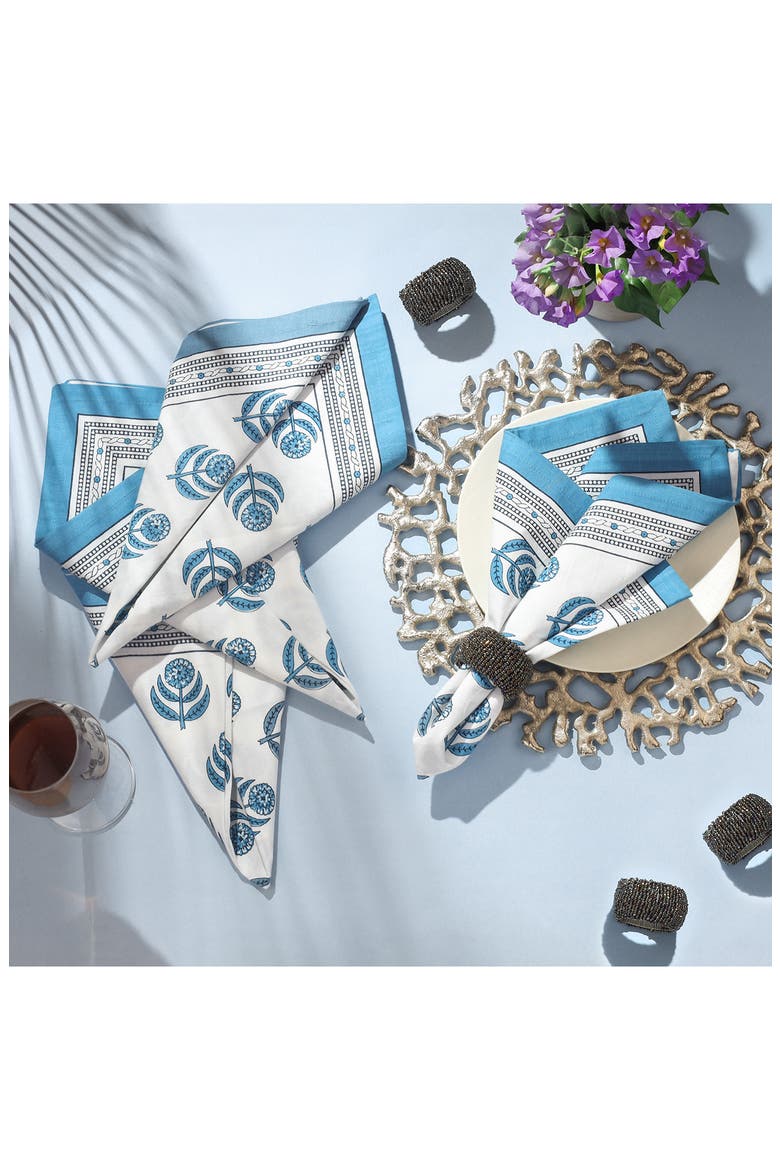 Set of 4 Floral Block Print Cotton Napkins, Alternate, color, BLUE