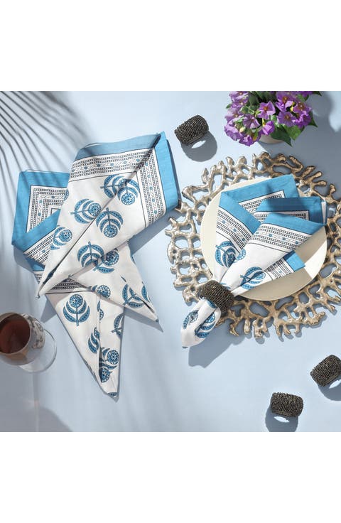 Set of 4 Floral Block Print Cotton Napkins