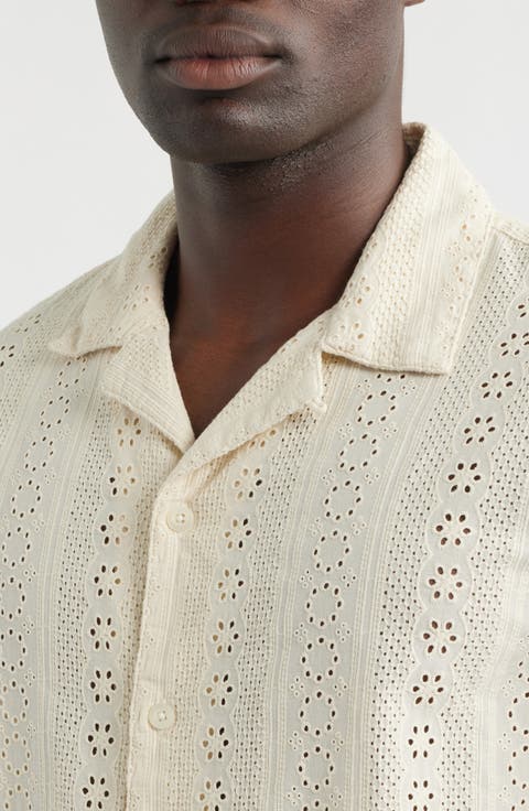 Short Sleeve Button-Up Shirt in Embroidered Cotton