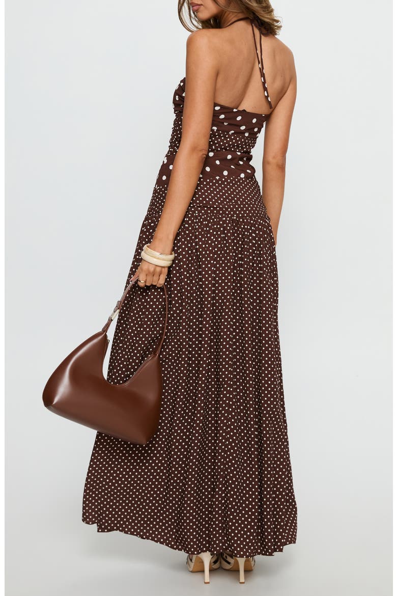 Marguerite Halter Dot Print Maxi Dress, Alternate, color, BROWN POLKA DOT