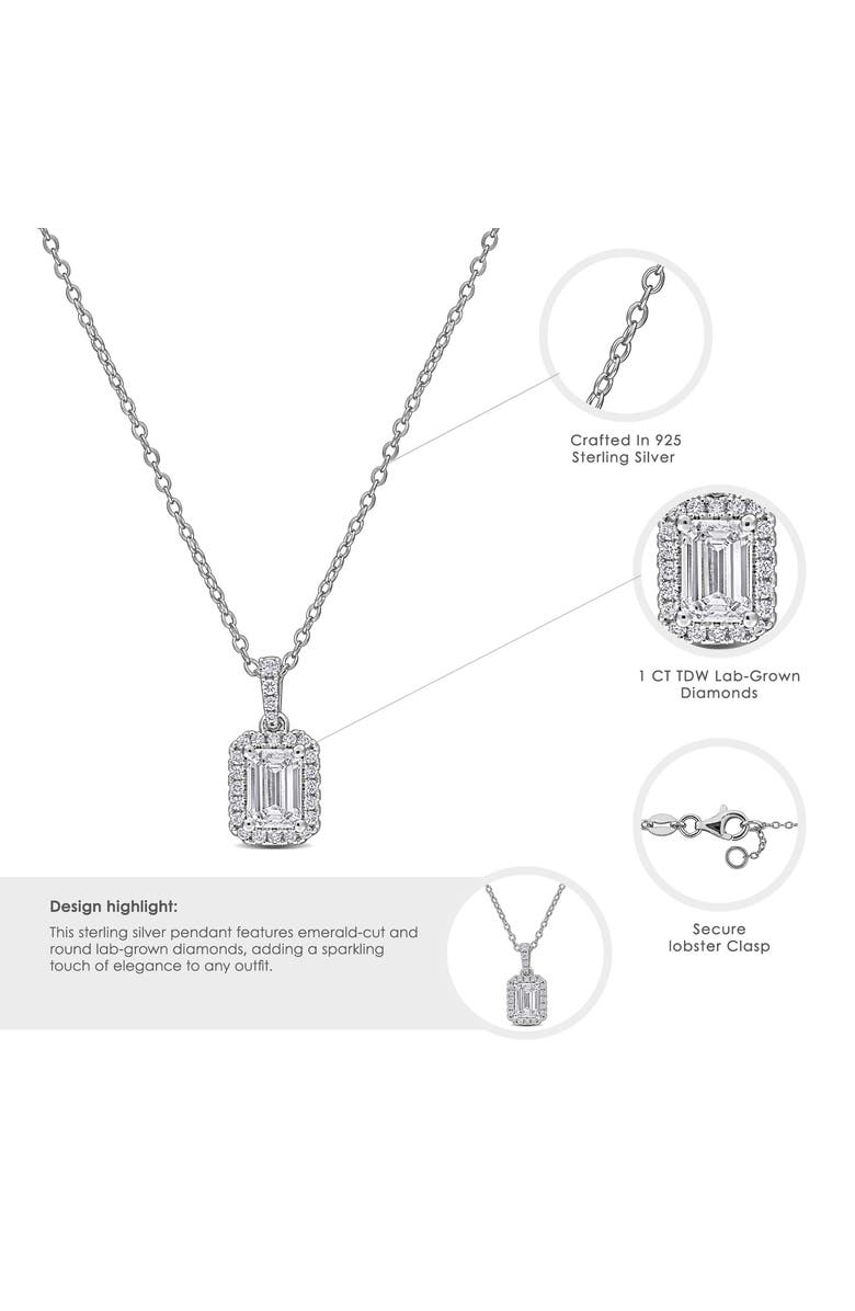 Created Forever Sterling Silver Emerald Cut Lab Grown Diamond Halo Pendant Necklace, Alternate, color, Silver