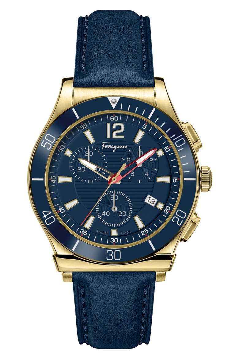 Men's Ferragamo 1898 Sport Chrono Blue Dial Leather Strap Watch, 44mm x 12.3mm, Main, color, GOLD1