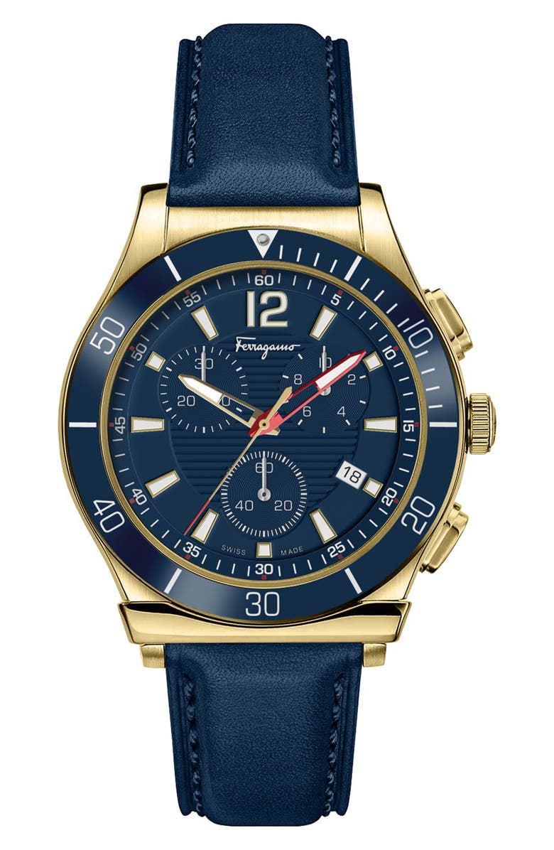 FERRAGAMO Men's Ferragamo 1898 Sport Chrono Blue Dial Leather Strap Watch, 44mm x 12.3mm, Main, color, Gold
