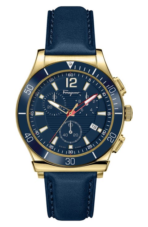 Men's Ferragamo 1898 Sport Chrono Blue Dial Leather Strap Watch, 44mm x 12.3mm