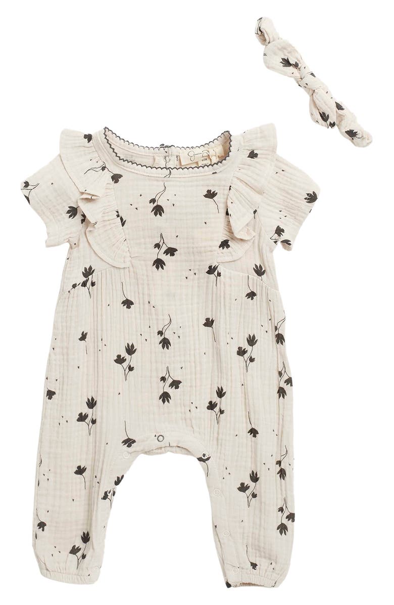 Jessica Simpson Floral Pucker Short Sleeve Jumpsuit & Headband Set, Main, color,