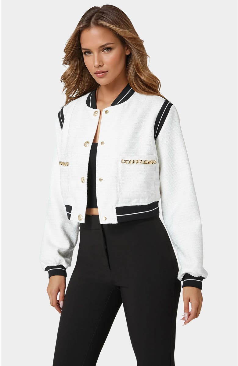 bebe Textured Bomber Jacket, Alternate, color, White Alyssum
