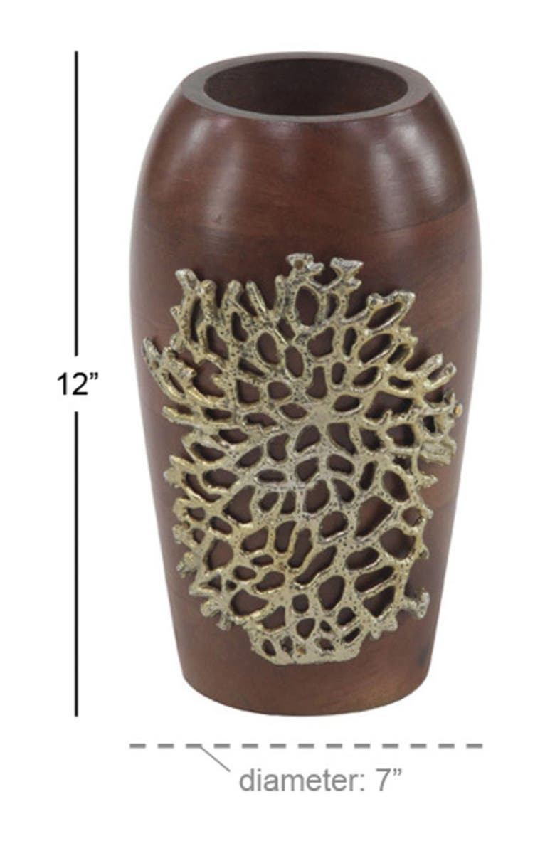 WILLOW ROW Brown Wood Coastal Vase, Alternate, color, Brown