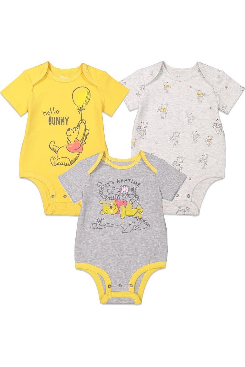 Winnie the Pooh 3-Pack Short Sleeve Bodysuits, Main, color, Grey Oatmeal Yellow