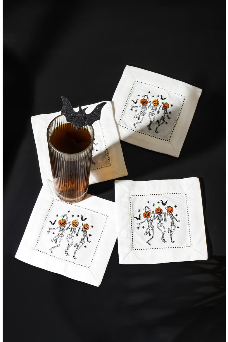 Skeleton Crew Embroidered Linen Cocktail Napkins, Alternate, color, WHITE/ ORANGE