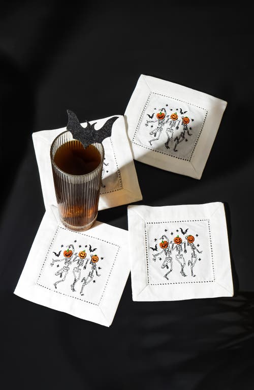 Tiramisu Skeleton Crew Embroidered Linen Cocktail Napkins In White