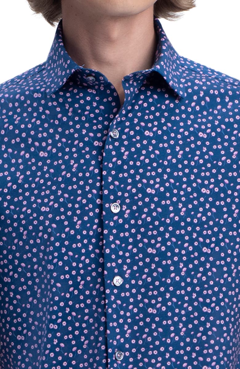 Bugatchi Men's Tech Short Sleeve Stretch Cotton Button-Up Shirt, Alternate, color, Navy