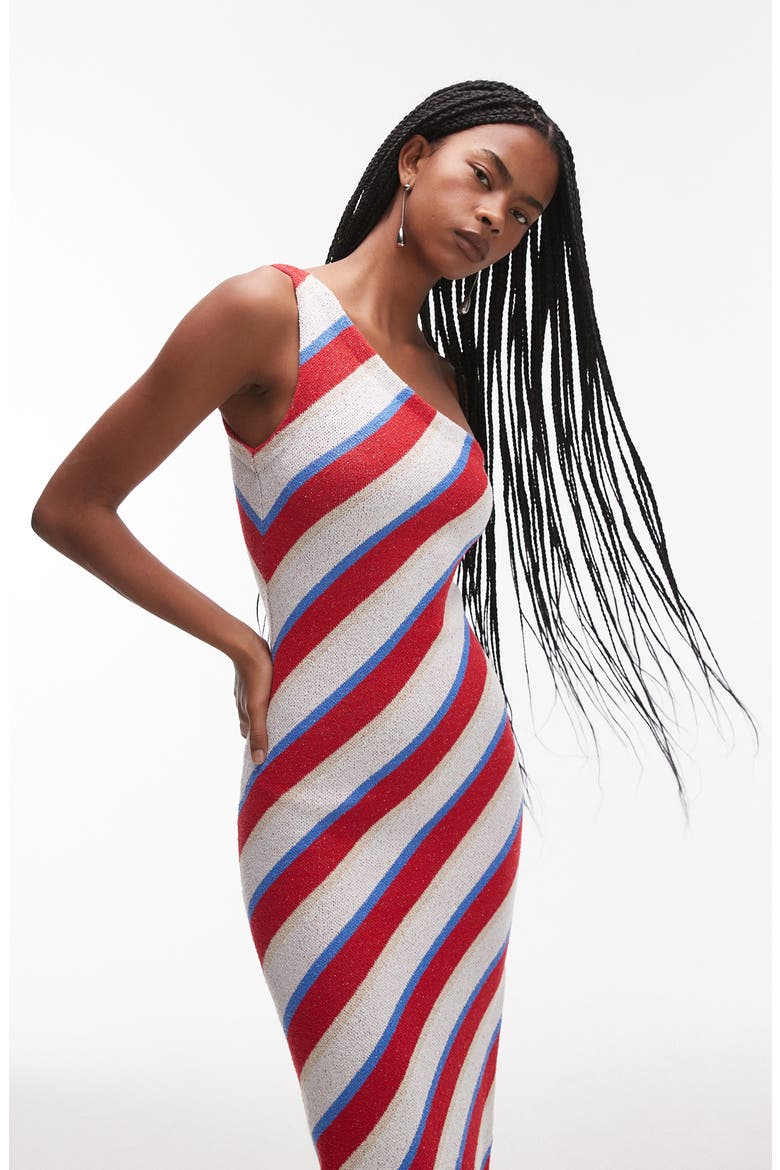 Stripe Knit One-Shoulder Maxi Dress, Alternate, color, RED MULTI