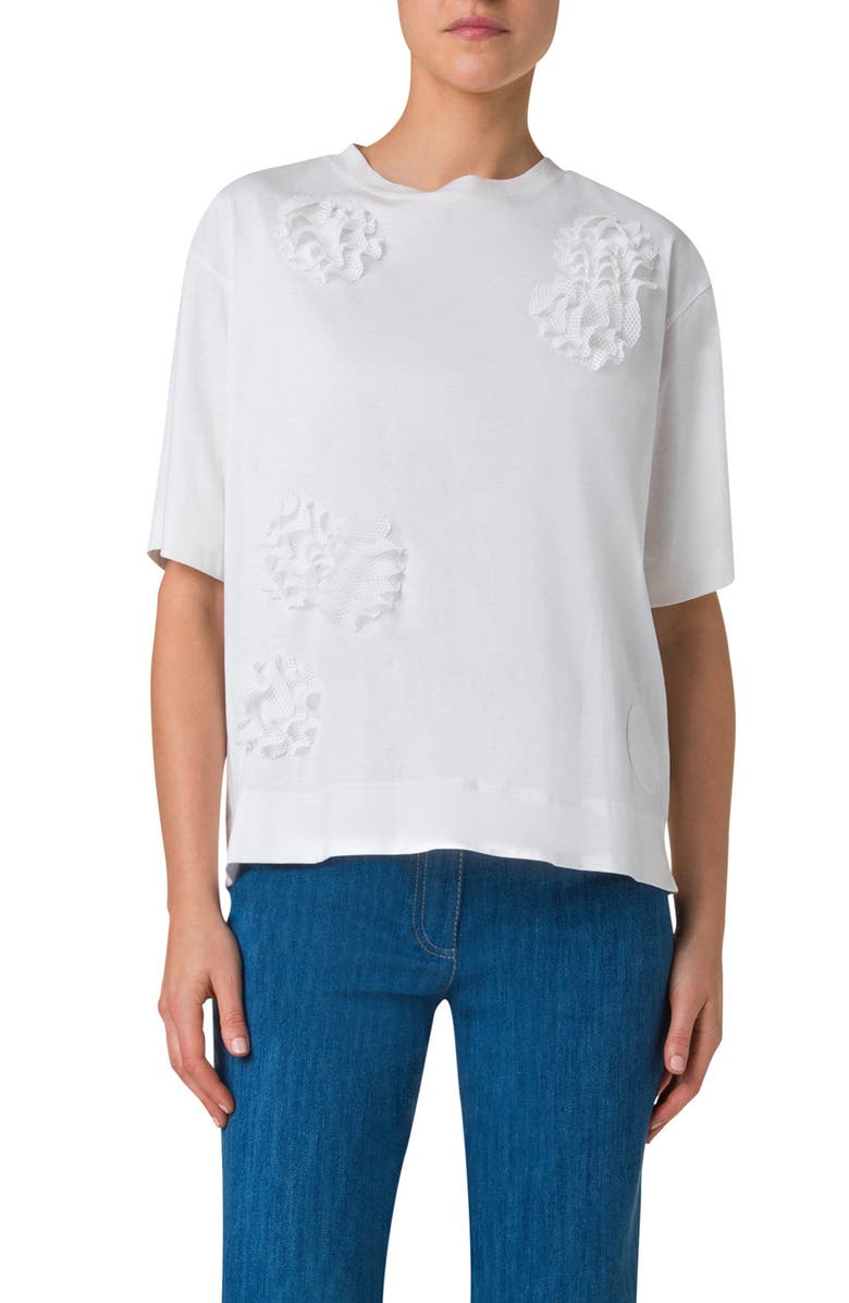 Akris punto Mesh Carnation Appliqué Cotton T-Shirt, Main, color, Cream