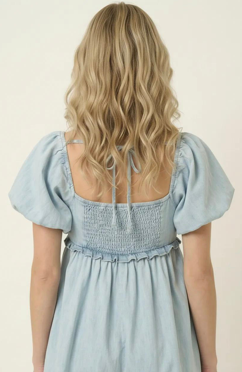 Modenaire Puff Sleeve Romper with Tie Front and Relaxed Flowy Fit, Alternate, color, Light Blue