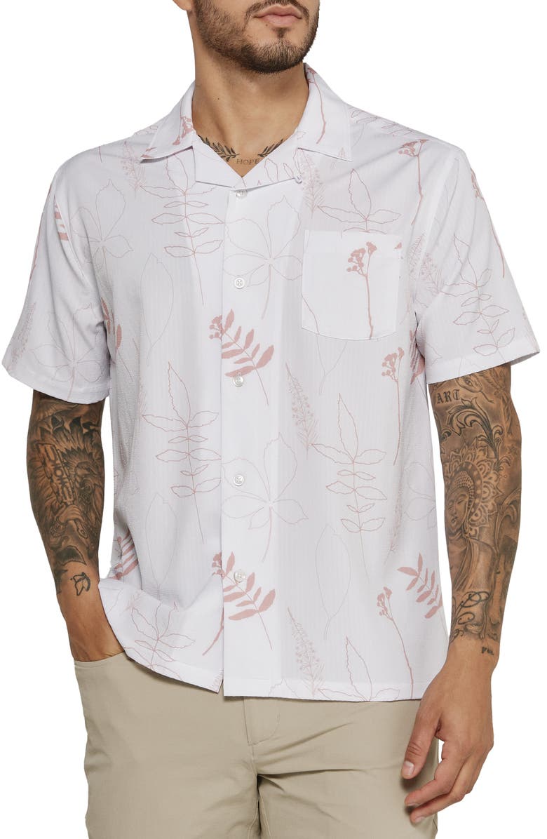 7 Diamonds Ciro Leaf Print Stretch Seersucker Camp Shirt, Main, color, 