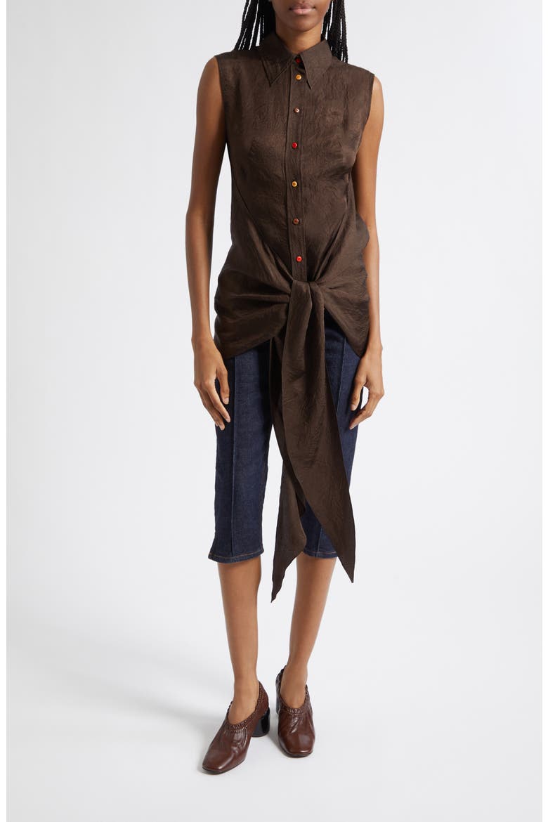 Ranger Sleeveless Tie Front Crinkle Satin Button-Up Shirt, Alternate, color, CEDAR