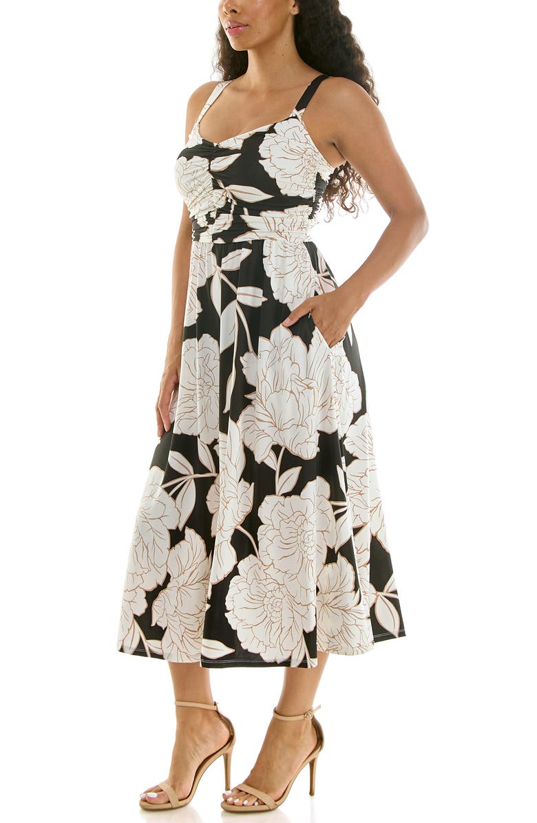 Nina Leonard Floral Shirred Bodice Midi Dress, Alternate, color, Black/ Tan/ Ivory
