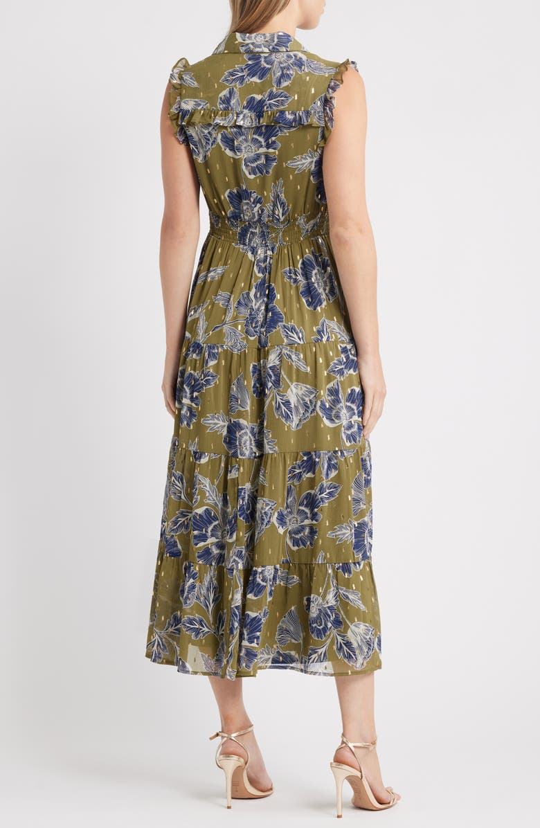 Anne Klein Sleeveless Metallic Floral Print Shirtdress, Alternate, color, Hunter Olive Multi