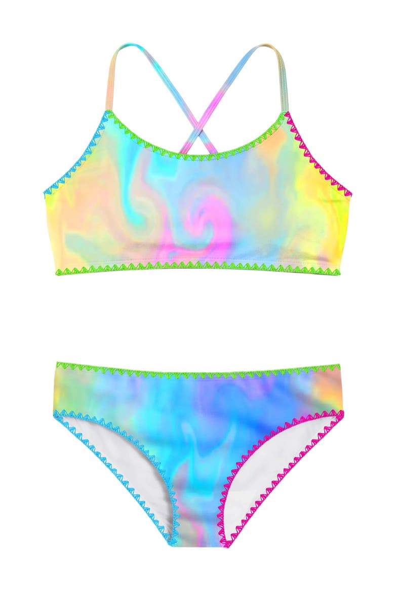 Marble Print Bikini Swimsuit with Embroidered Trim, Alternate, color, Pink Multi