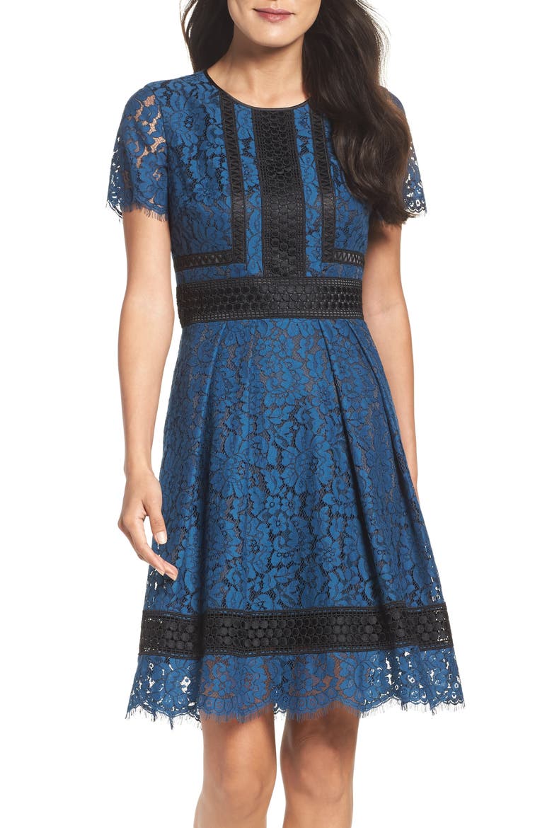 Lace Fit & Flare Dress, Alternate, color, TEAL