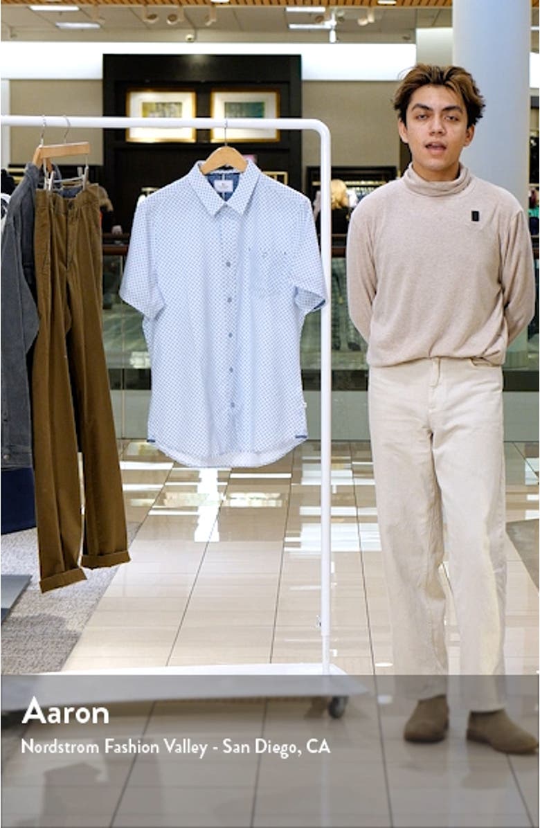 Geo Print Short Sleeve Performance Button-Up Shirt, sales video thumbnail