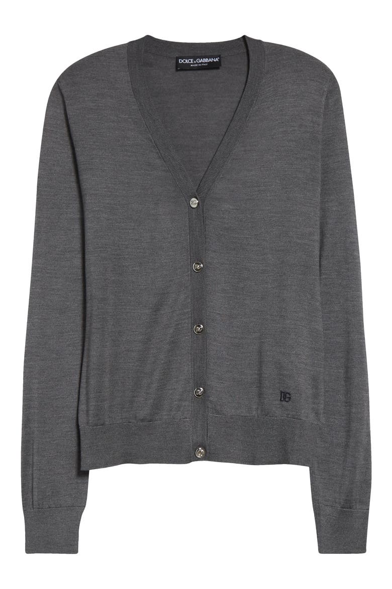 Embroidered Logo Silk V-Neck Cardigan, Alternate, color, N0093 GRIGIO PIOMBO SCURO
