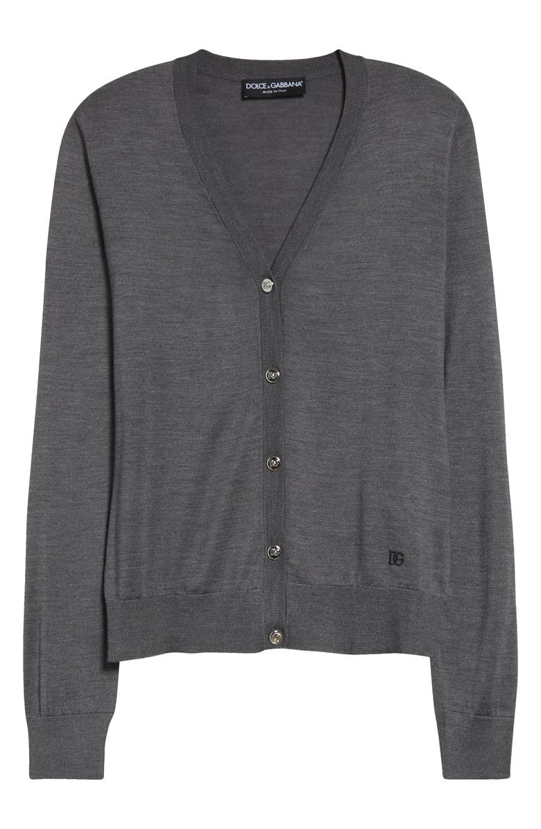 Dolce&Gabbana Embroidered Logo Silk V-Neck Cardigan, Alternate, color, N0093 Grigio Piombo Scuro