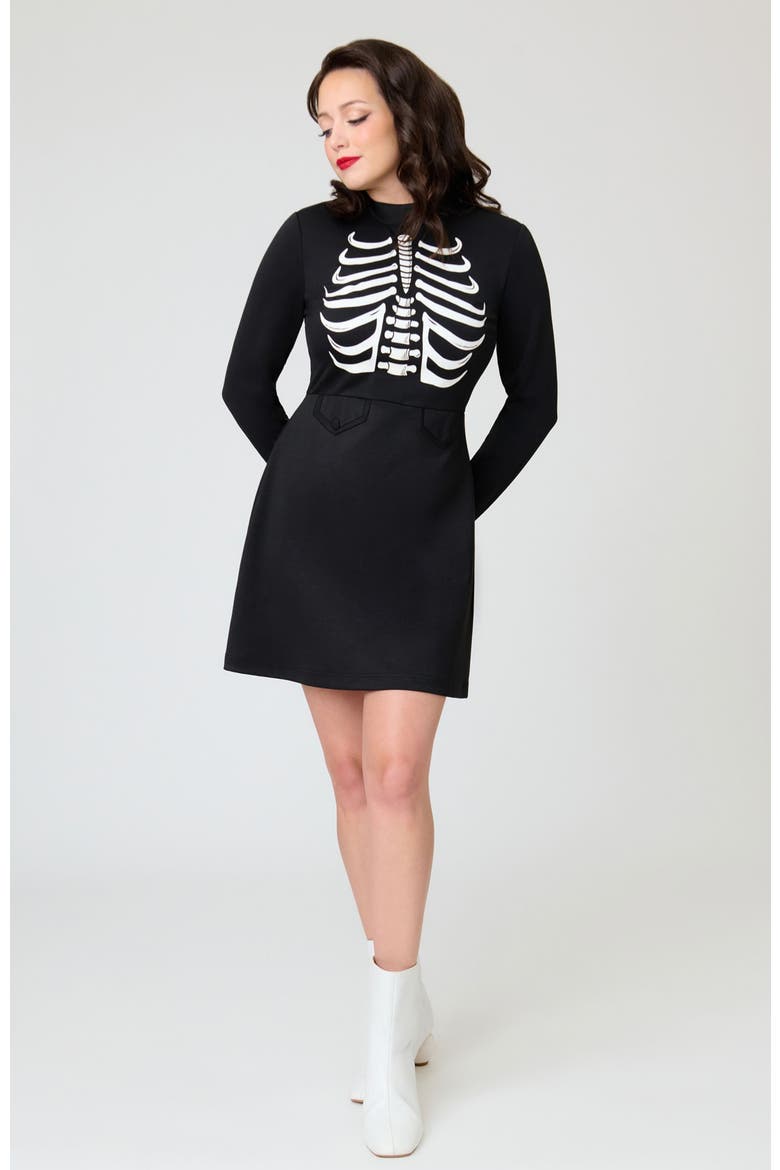 1960s Mock Turtleneck Fit & Flare Dress, Alternate, color, Black w/ Skeleton Print