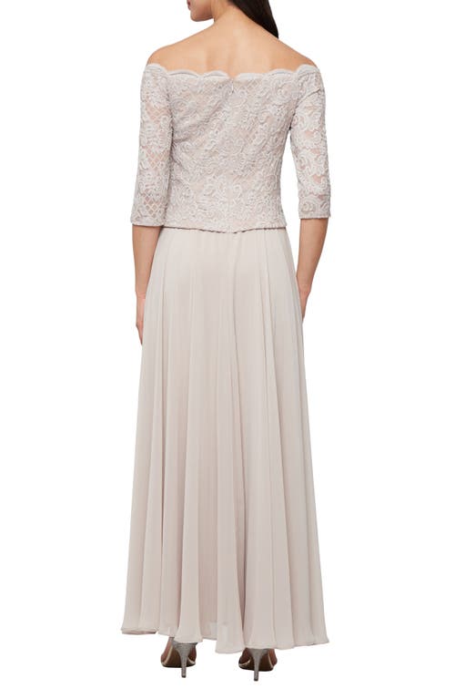 Alex Evenings Mixed Media Off The Shoulder Gown In Taupe