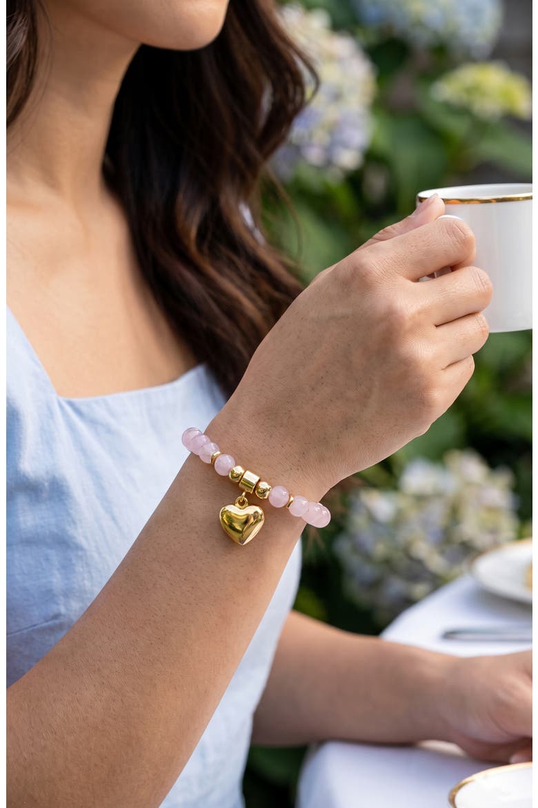 Amara Rose Quartz Heart Charm Stretch Bracelet, Alternate, color, GOLD