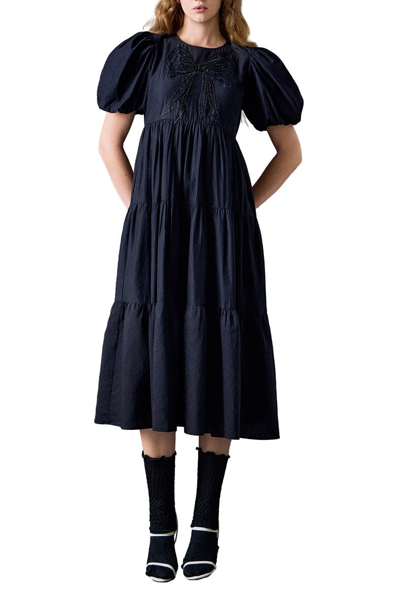 Sequin Bow Detail Tiered Organza Midi Dress, Main, color, BLACK