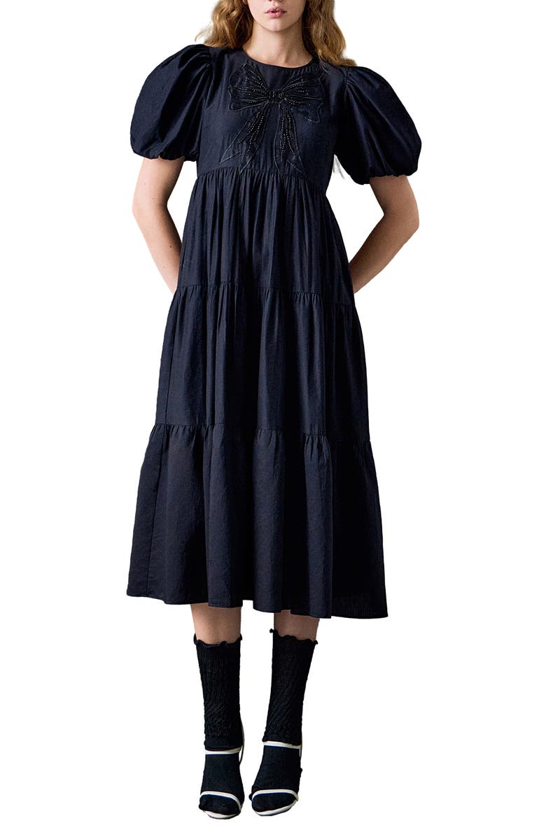 English Factory Sequin Bow Detail Tiered Organza Midi Dress, Main, color,