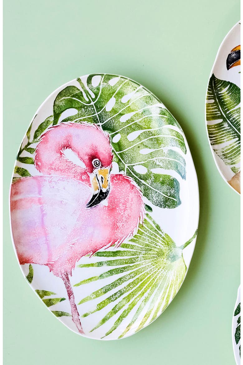 Into the Jungle Flamingo Oval Platter, Alternate, color, HANDPAINTED