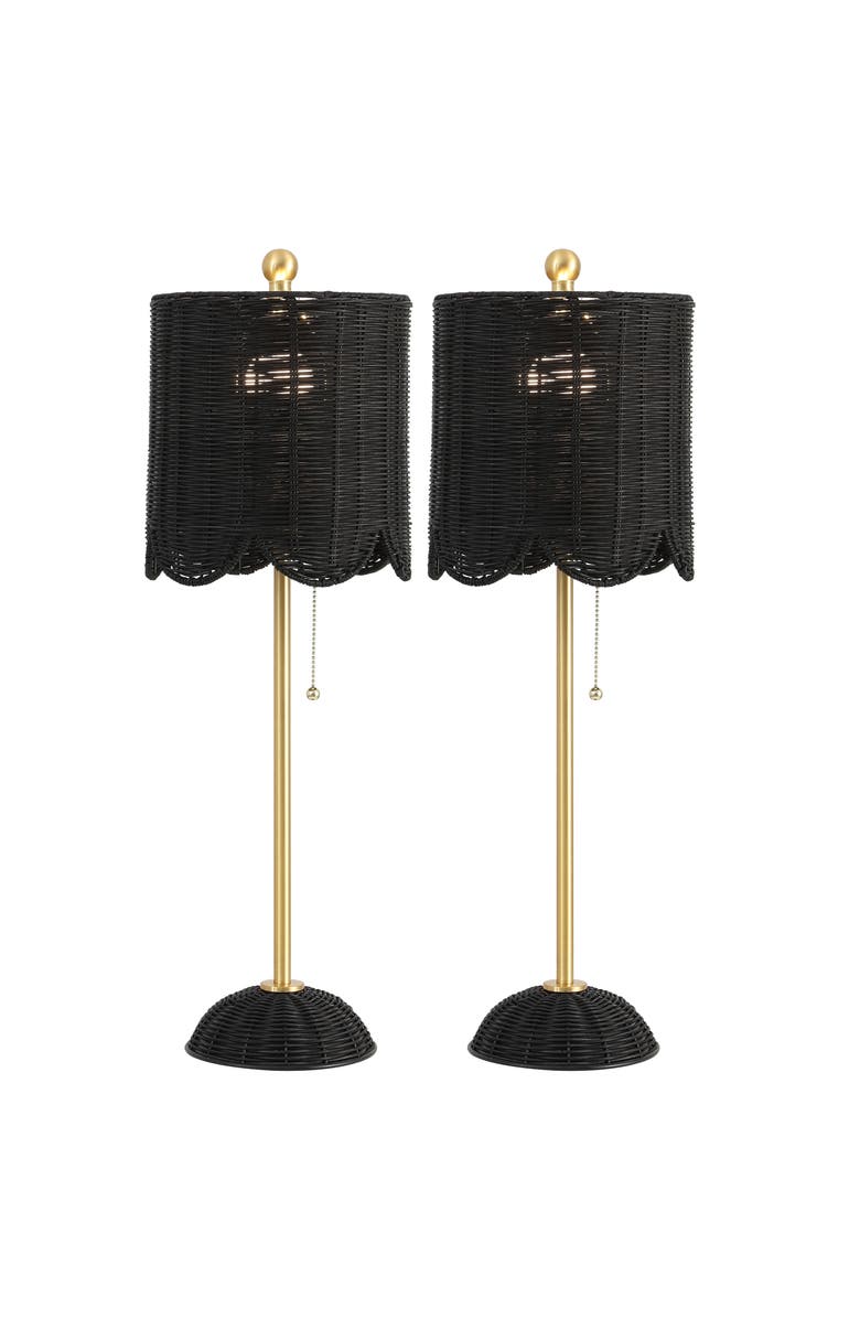 JONATHAN Y Celerie 27.5" Coastal Bohemian Rattan/Iron Scalloped Buffet LED Table Lamp with Pull Chain, Alternate, color, Black/Brass Gold