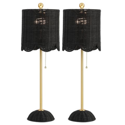 Celerie 27.5" Coastal Bohemian Rattan/Iron Scalloped Buffet LED Table Lamp with Pull Chain (Set of 2)