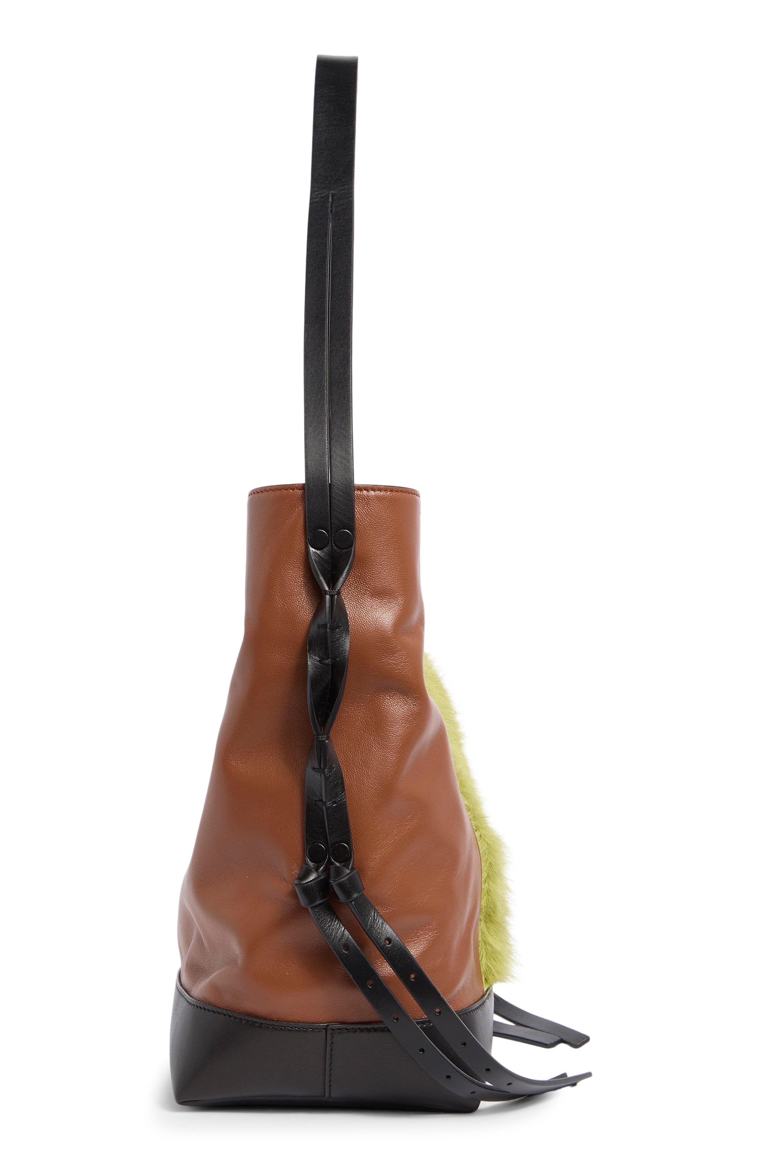 Marni Small Leather & Genuine Calf Hair Hobo Bag, Alternate, color, Zp051 Citronelle/ Moca/ Black