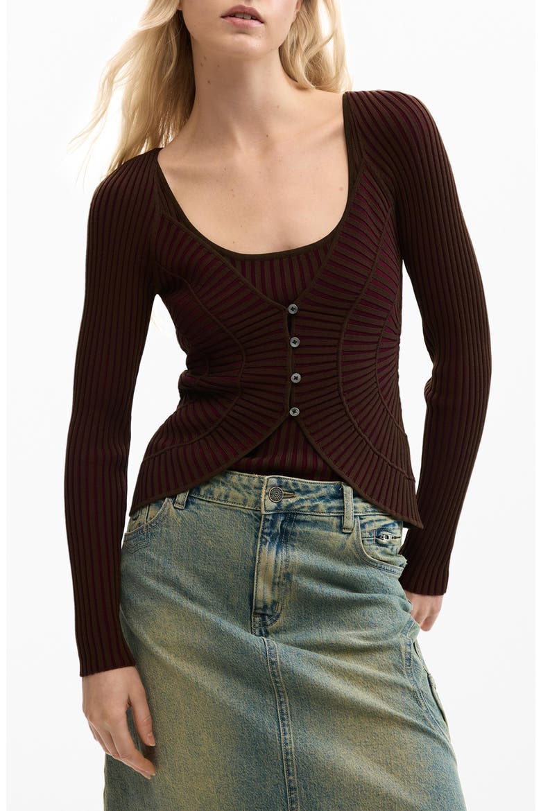 Rib Knit Cardigan, Main, color, BROWN
